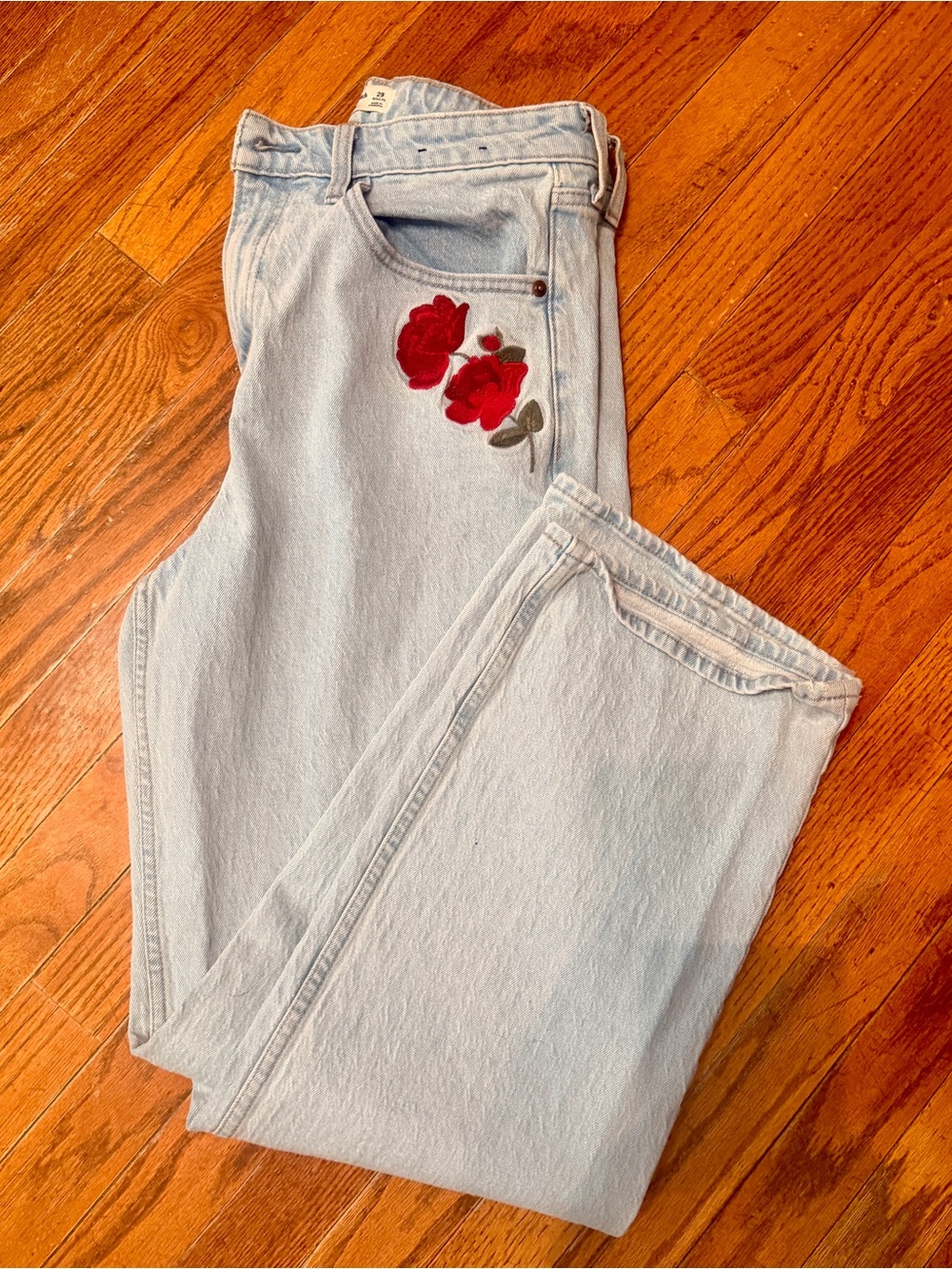 Abercrombie & Fitch Light Wash High-Rise Jeans with Red Rose Embroidery